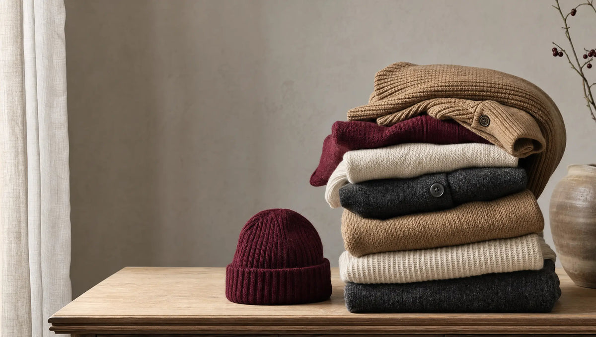 Editorial still life of folded knitwear in burgundy, camel, cream and charcoal with a red knit beanie on a light wooden table