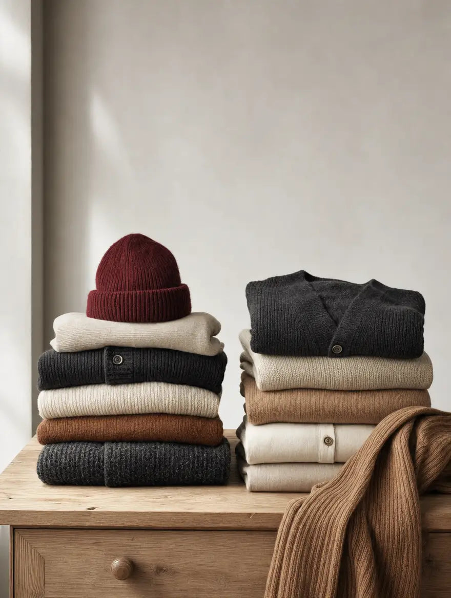 Editorial still life of stacked folded knitwear in camel, cream and charcoal with a burgundy knit beanie on a wooden dresser