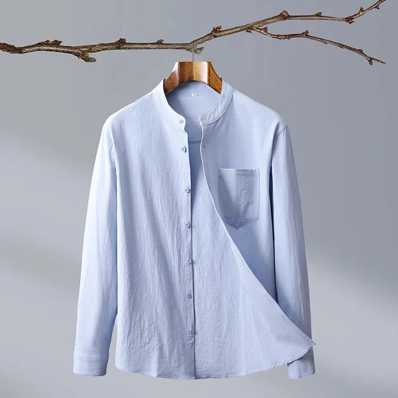 Men's Linen Band-Collar Shirt in Blue