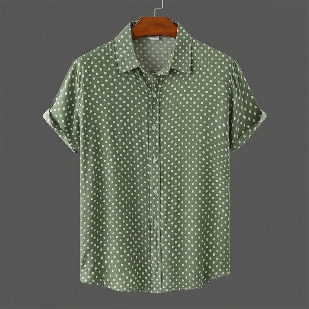 Men's Short-Sleeve Polka Dot Shirt in Olive