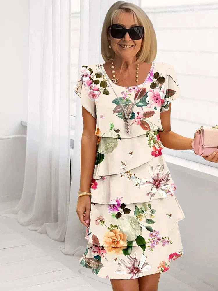 Varia Apparel - Women's Floral Tiered Flutter-Sleeve Knee-Length Dress in Beige