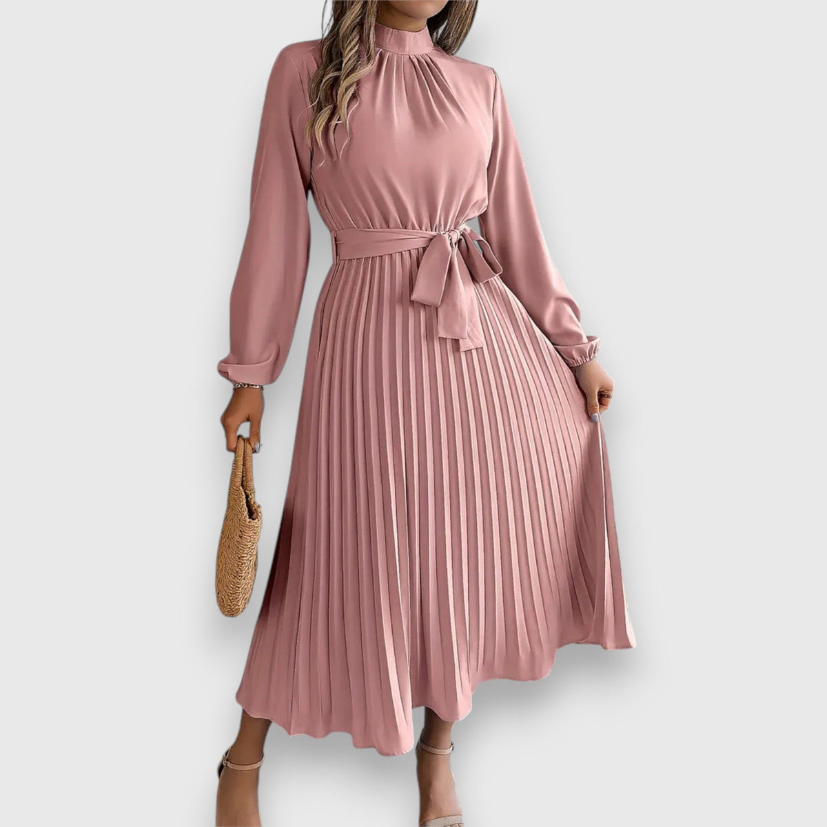 Varia Apparel - Women's Mock Neck Pleated Midi Dress with Tie Belt in Pink