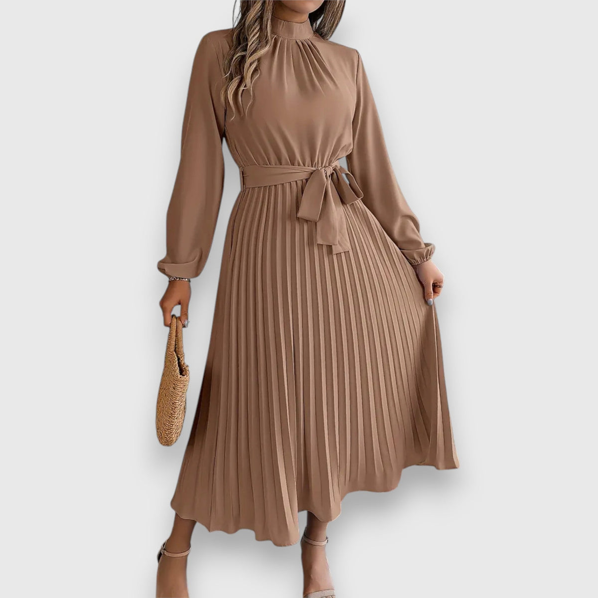Varia Apparel - Women's Mock Neck Pleated Midi Dress with Tie Belt in Beige