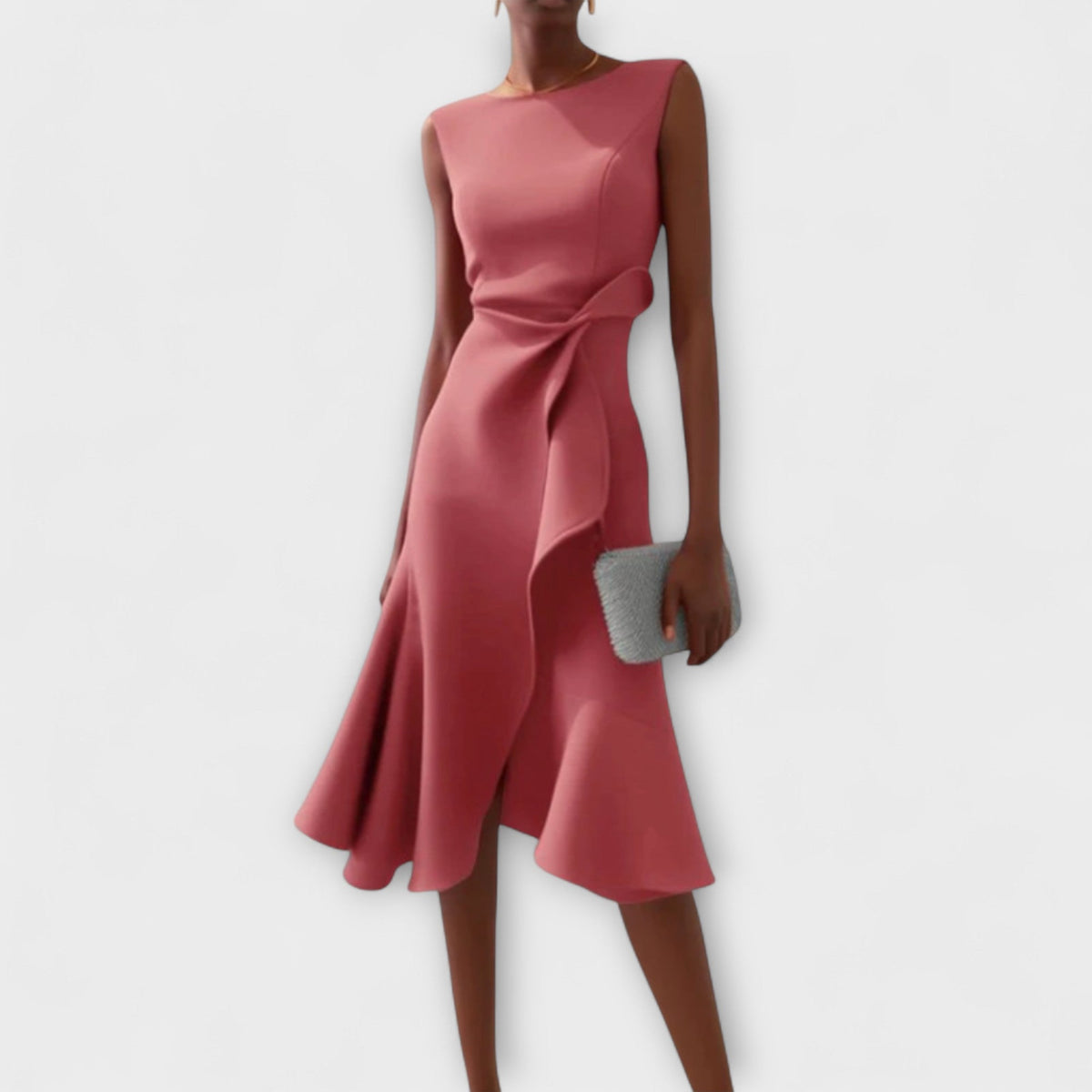 Varia Apparel - Women's Sleeveless Twist Front Midi Dress with Flounce Hem in Pink