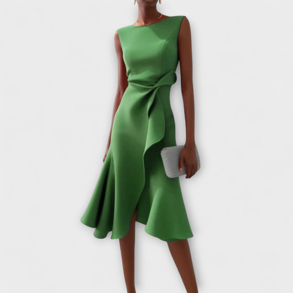 Varia Apparel - Women's Sleeveless Twist Front Midi Dress with Flounce Hem in Green