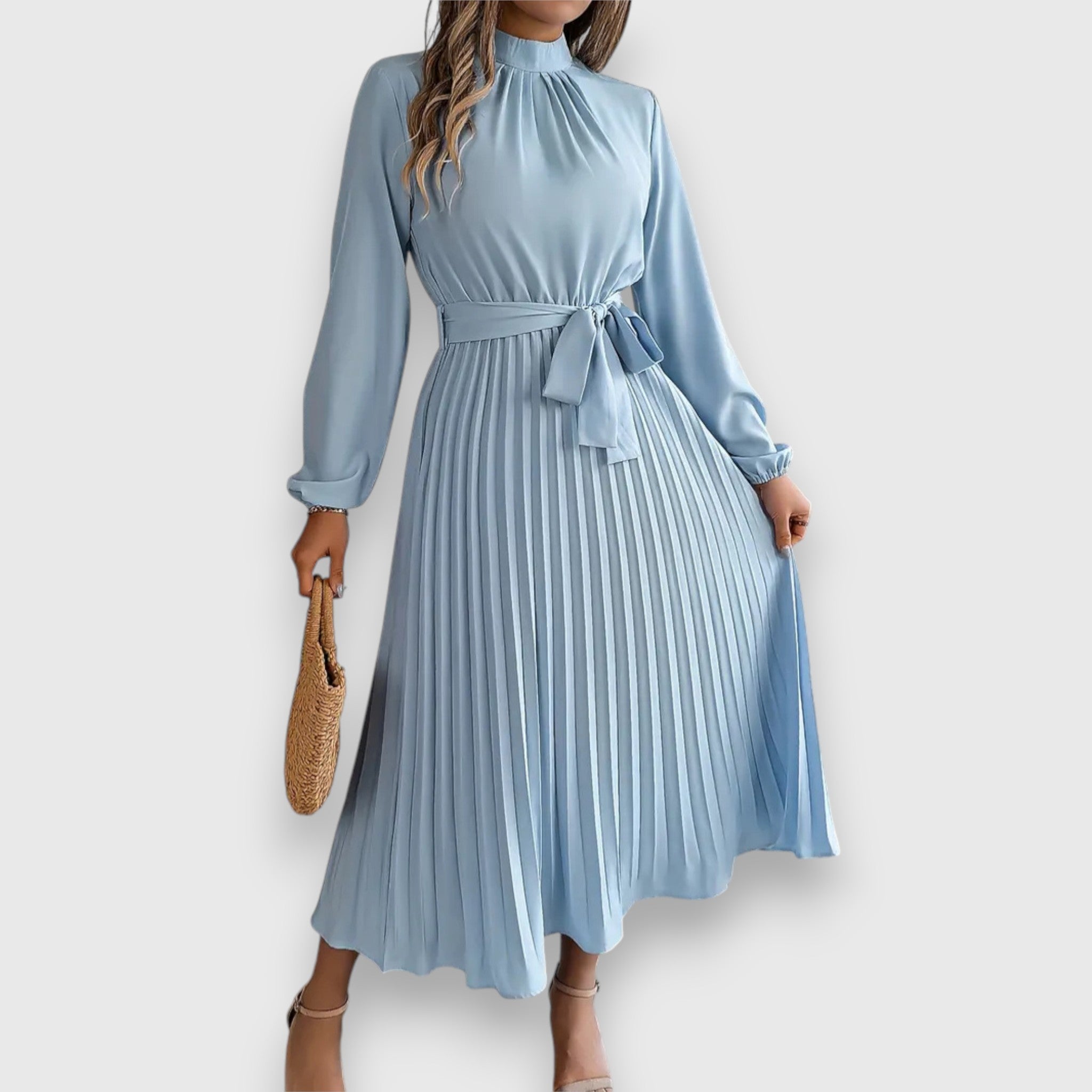 Women's Mock Neck Pleated Midi Dress with Tie Belt