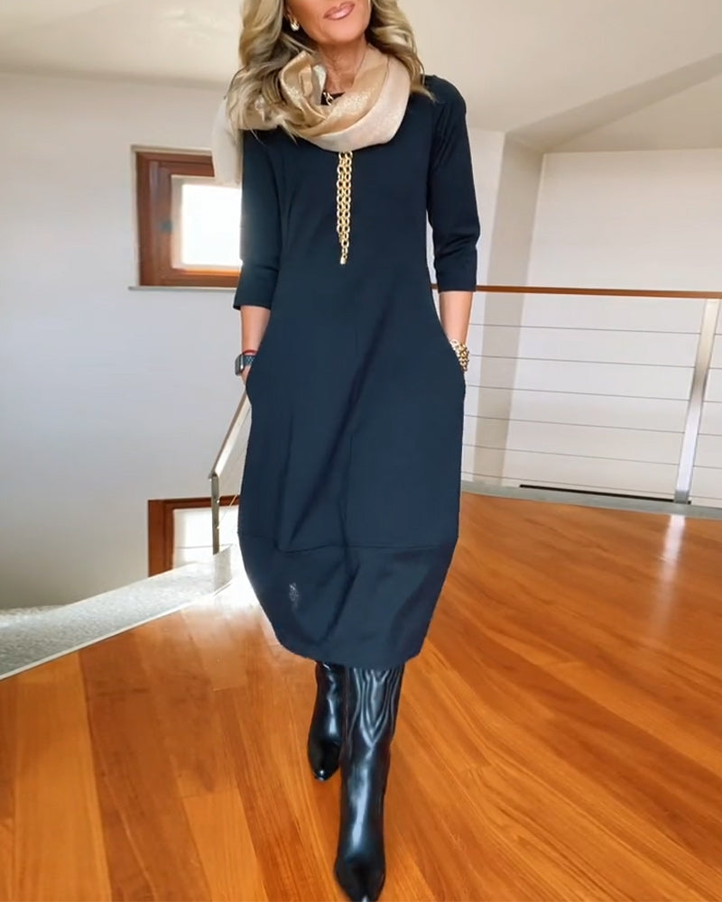 Women's Zip Front 3/4 Sleeve Midi Dress with Pockets