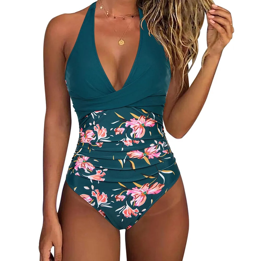 Women's V-Neck One-Piece Swimsuit with Back Detail