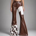 Women's brown leather-look flare pants with white and cow-print contrast panels