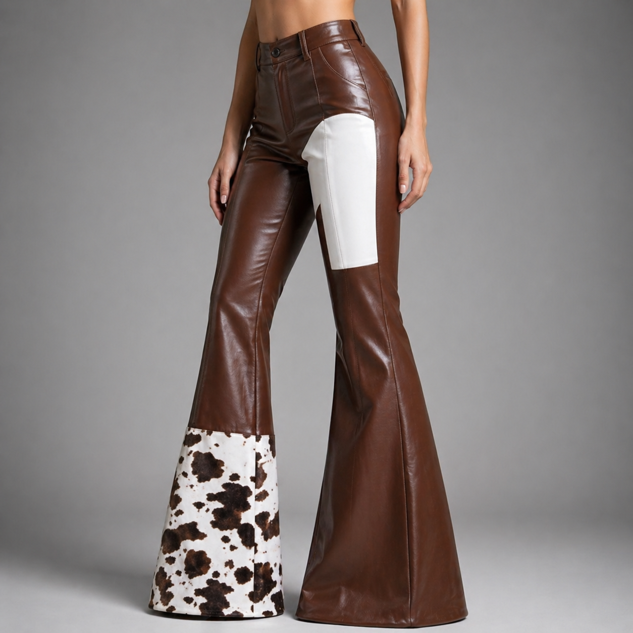 Side view of brown high-rise flare pants with contrast panels