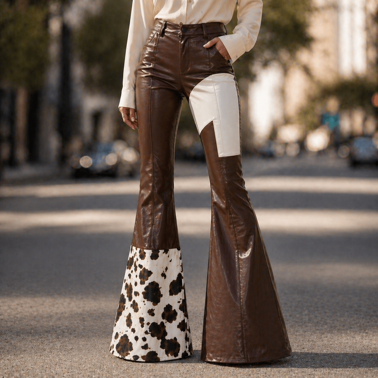 Brown leather-look flare pants with cow-print hem panel worn outdoors