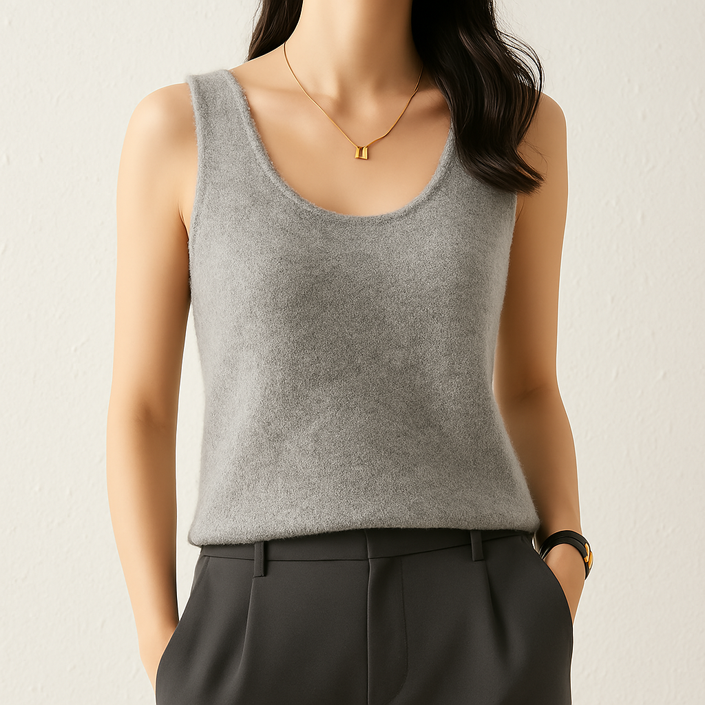 Women's Sleeveless Knit Tank Top with Scoop Neckline in Gray, worn with dark trousers