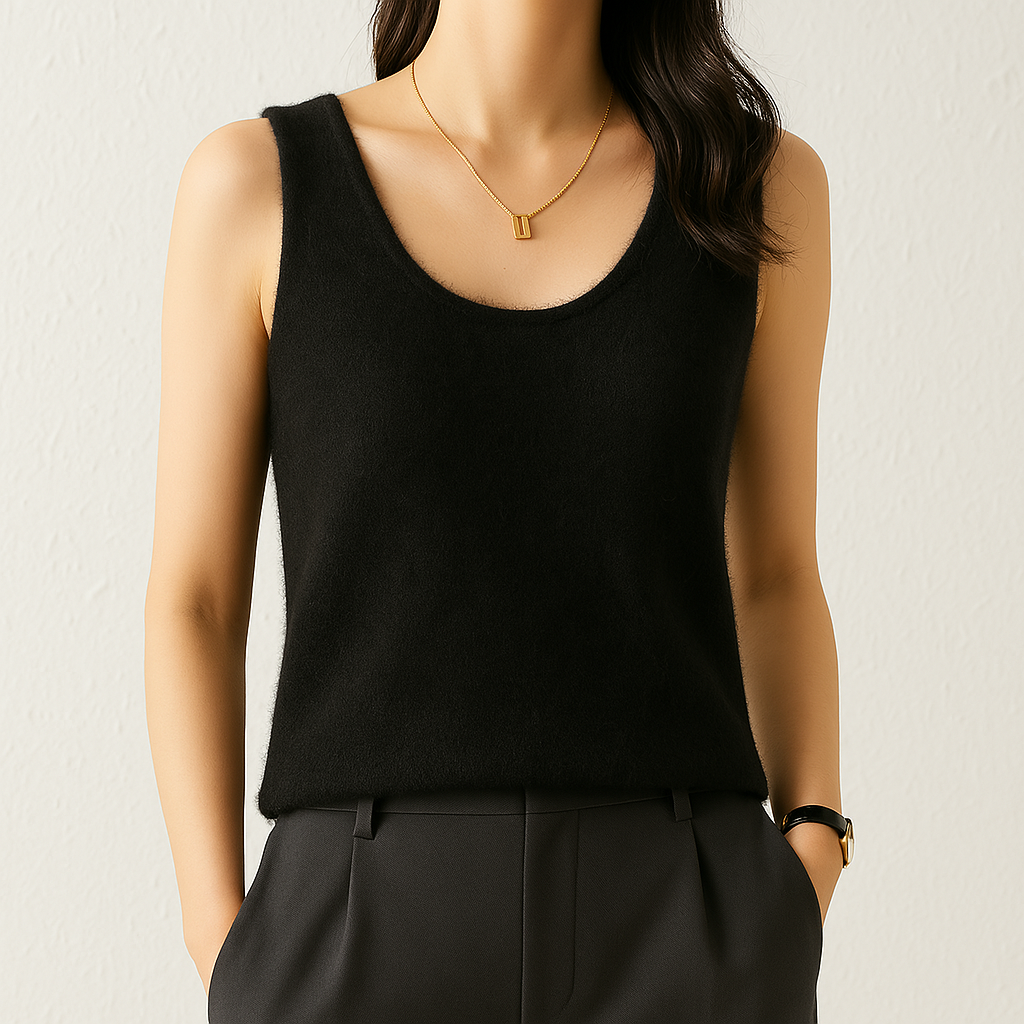 Women's Sleeveless Knit Tank Top with Scoop Neckline in Black, worn with dark trousers