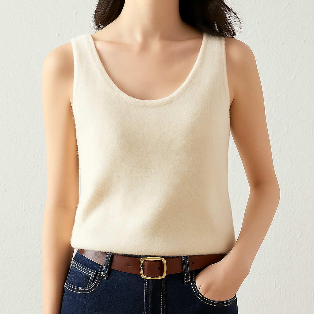 Women's Sleeveless Knit Tank Top with Scoop Neckline in White, worn with jeans