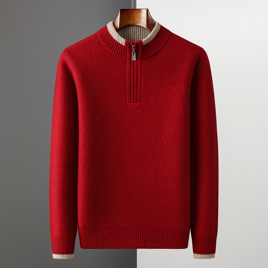 Men's Quarter-Zip Sweater with Contrast Trim Mock Neck in Red, front view on a hanger