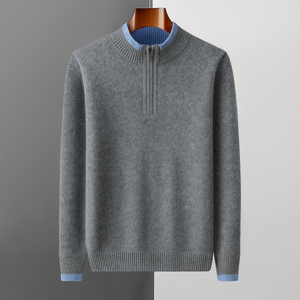 Men's Quarter-Zip Sweater with Contrast Trim Mock Neck in Light Gray, front view on a hanger