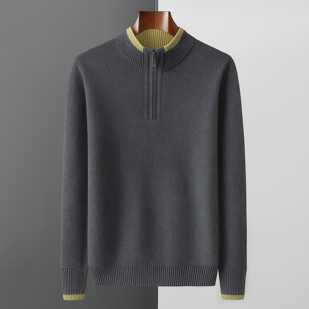 Men's Quarter-Zip Sweater with Contrast Trim Mock Neck in Dark Gray, front view on a hanger