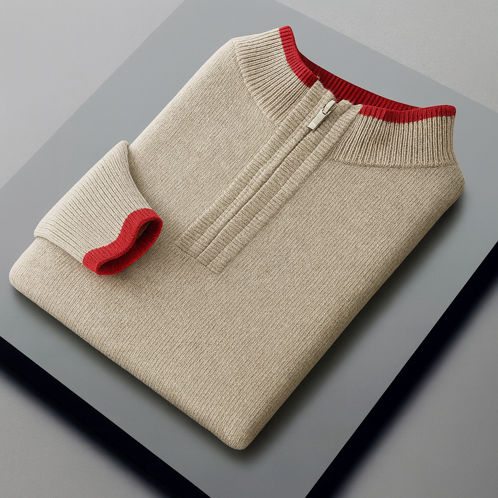 Men's Quarter-Zip Sweater with Contrast Trim Mock Neck in Khaki, folded, showing the collar
