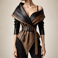 Women's two-tone leather jacket with wide wrap collar and large belt buckle, front view