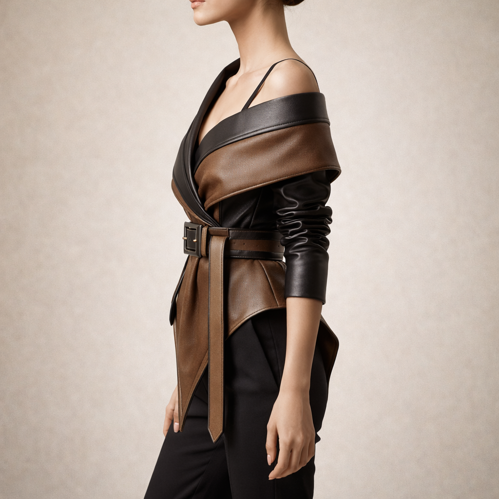 Side view of women's belted two-tone leather jacket with draped wide collar