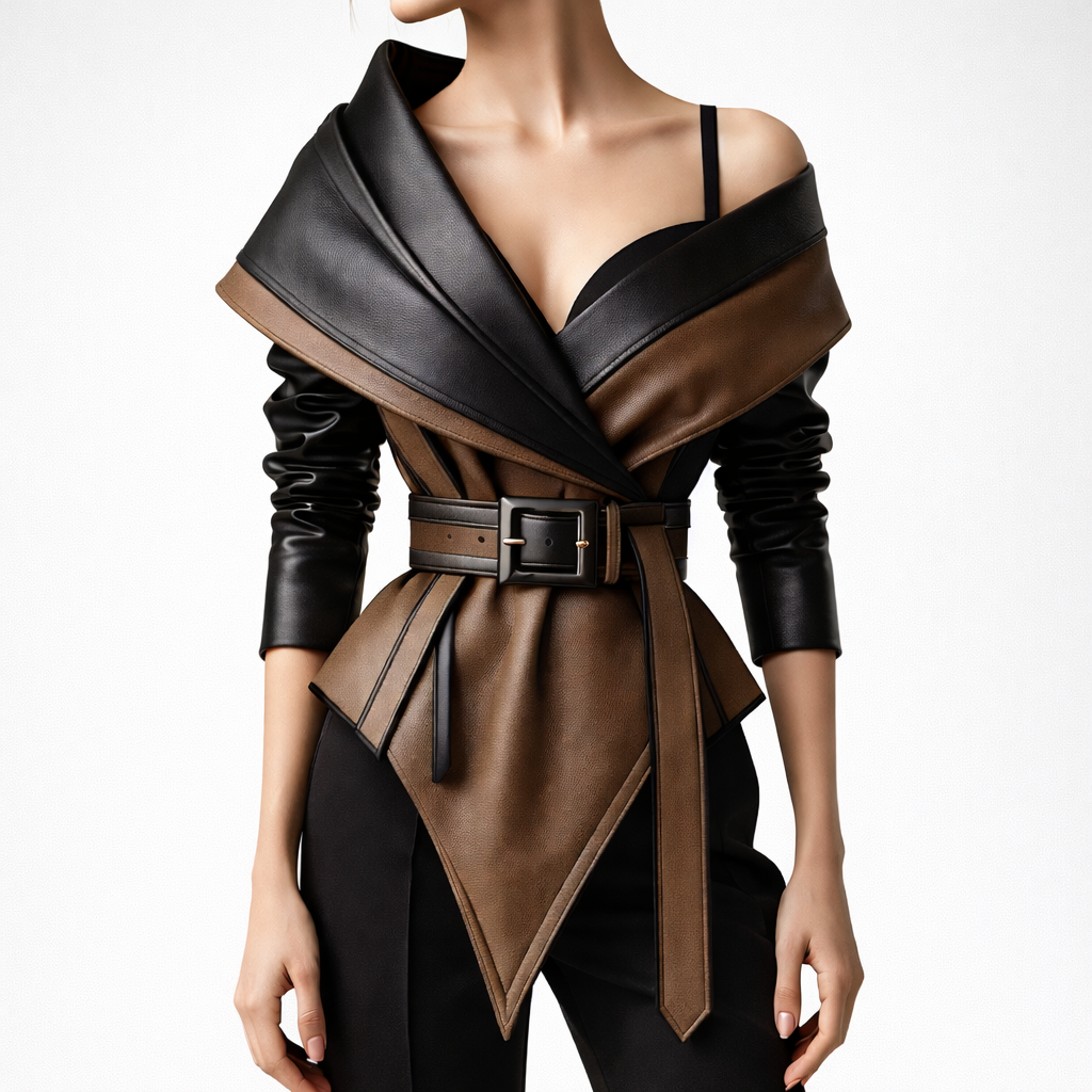 Women's two-tone leather jacket with wide belt and buckle on a white studio background