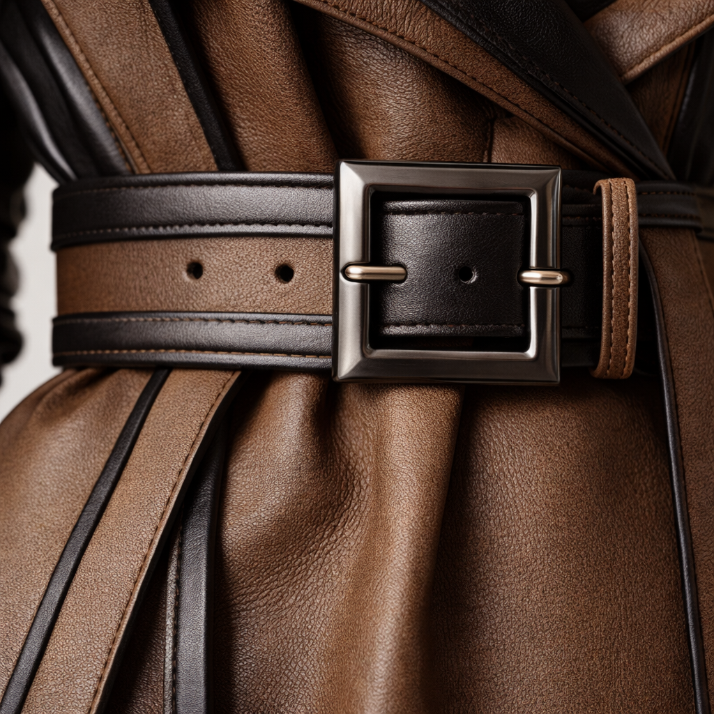 Close-up of the large rectangular metal buckle on the wide leather belt