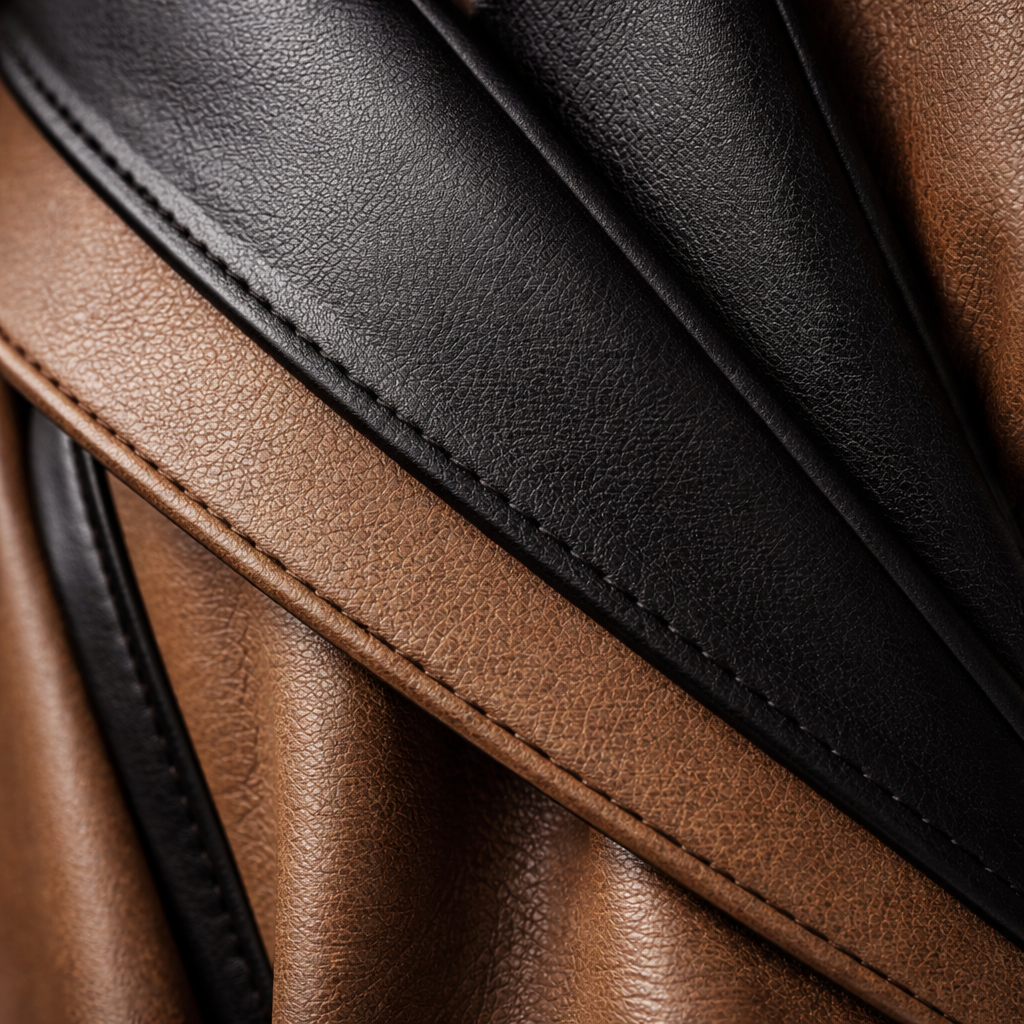 Close-up of two-tone black and brown leather with visible natural grain and stitching