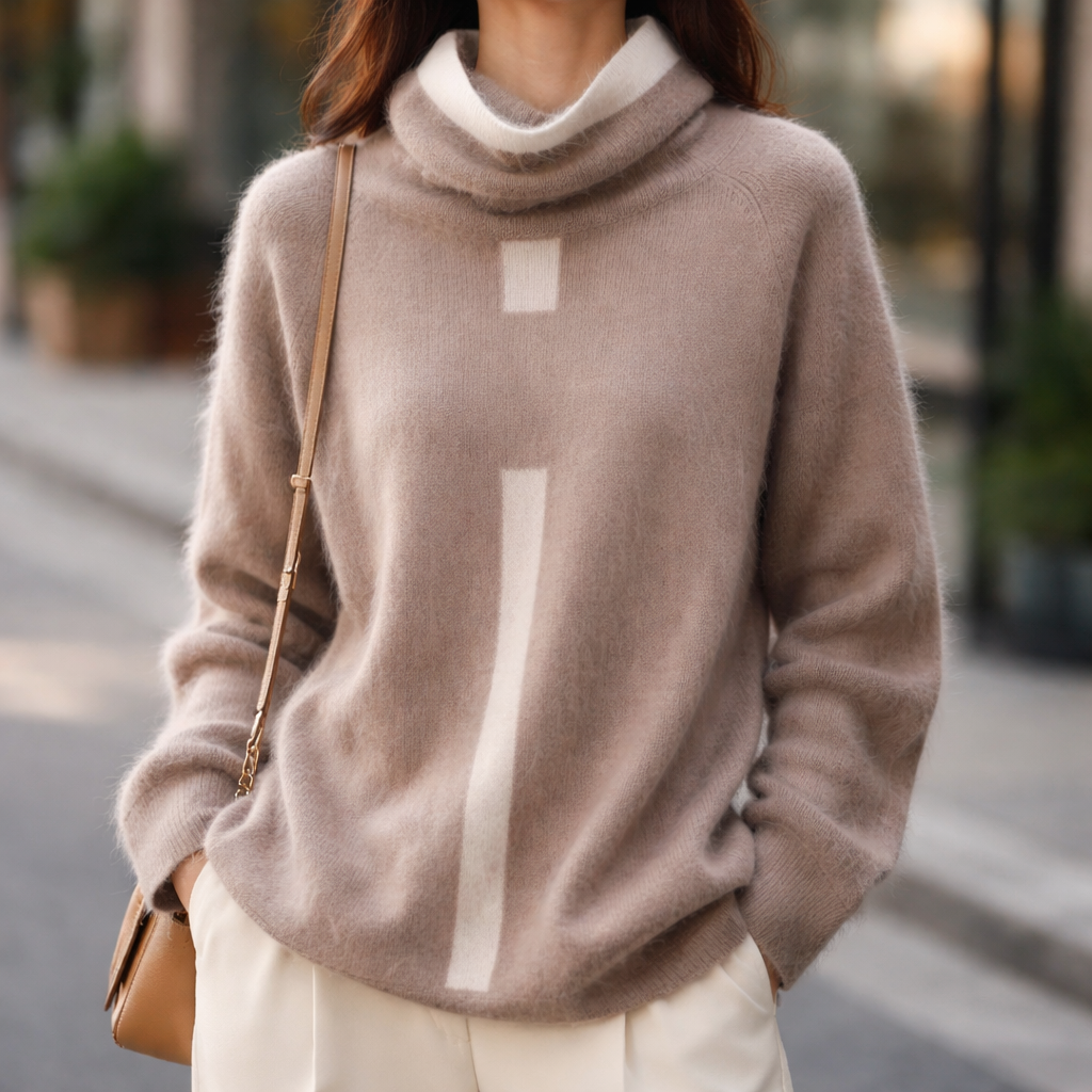 Women's Fuzzy Knit Turtleneck Sweater with Contrast Stripe Detail in Camel, worn with white pants and a shoulder bag