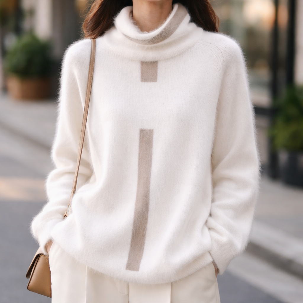 Women's Fuzzy Knit Turtleneck Sweater with Contrast Stripe Detail in White, worn outdoors
