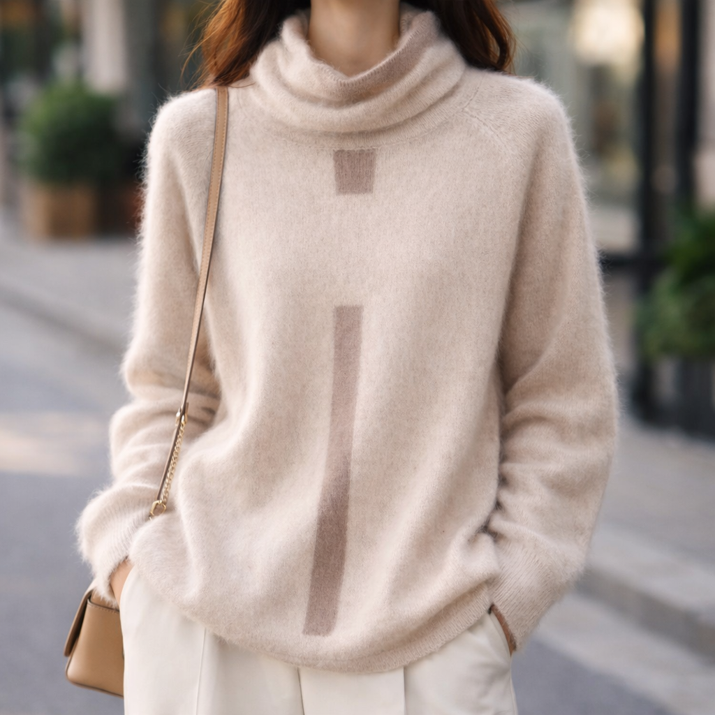 Women's Fuzzy Knit Turtleneck Sweater with Contrast Stripe Detail in Beige, worn outdoors