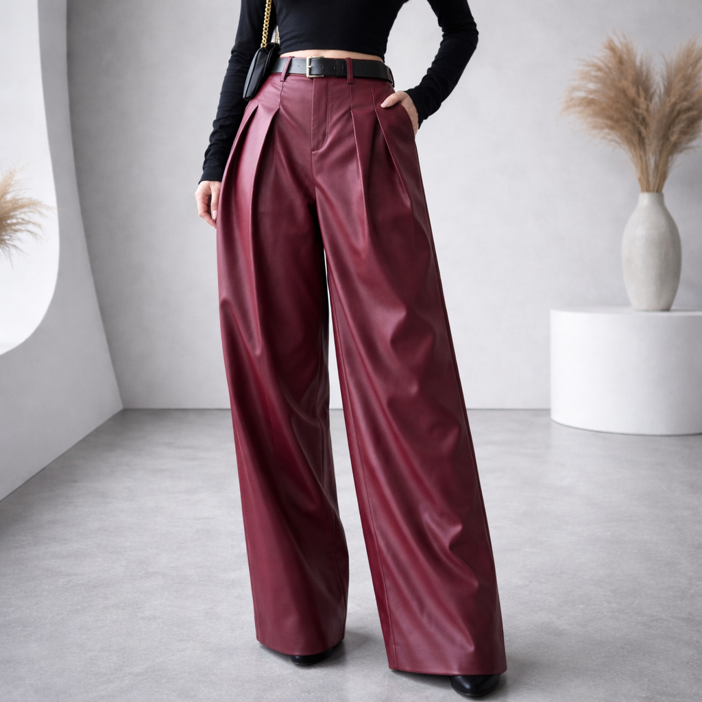 Women's high-rise pleated wide-leg leather-look pants in red, front view