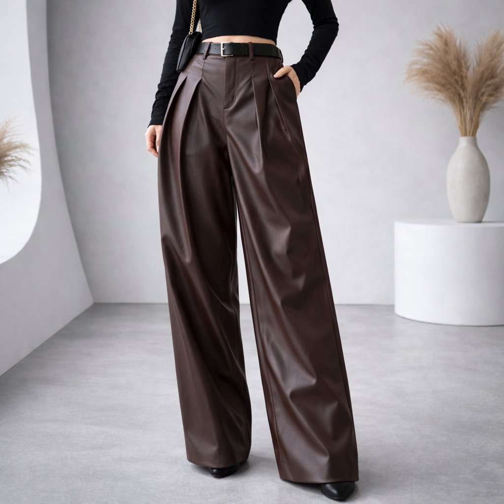 Women's high-rise pleated wide-leg leather-look pants in brown
