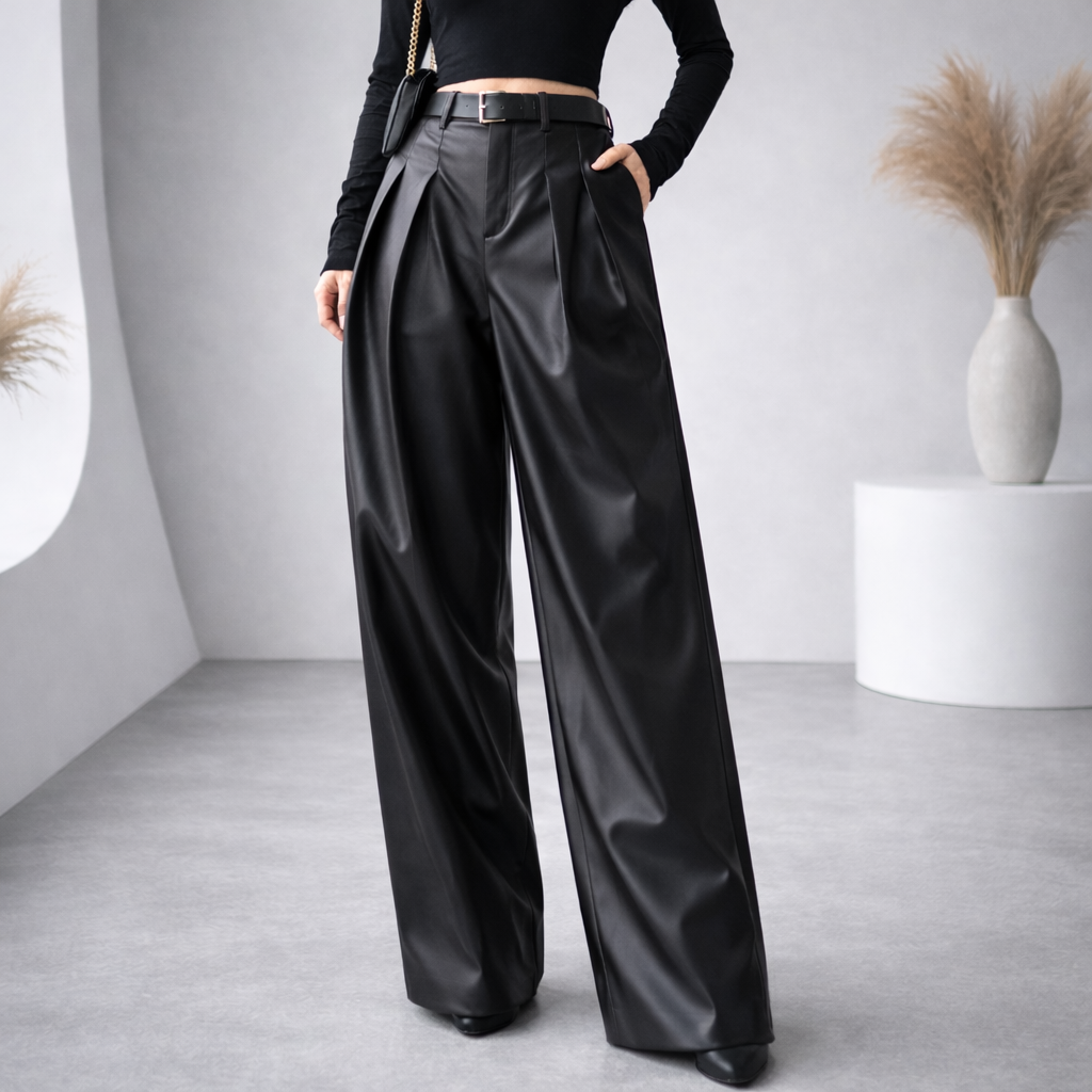 Women's high-rise pleated wide-leg leather-look pants in black