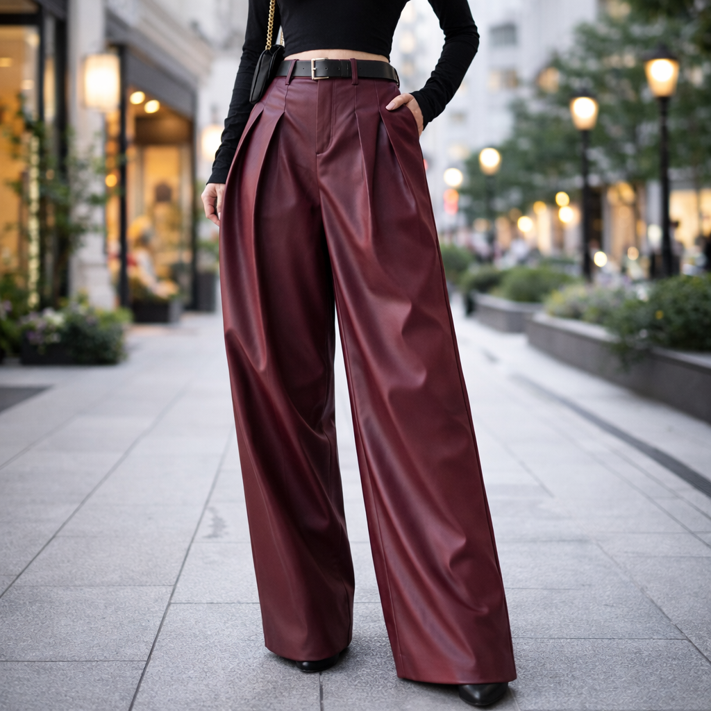 Red pleated wide-leg leather-look pants worn on a city sidewalk