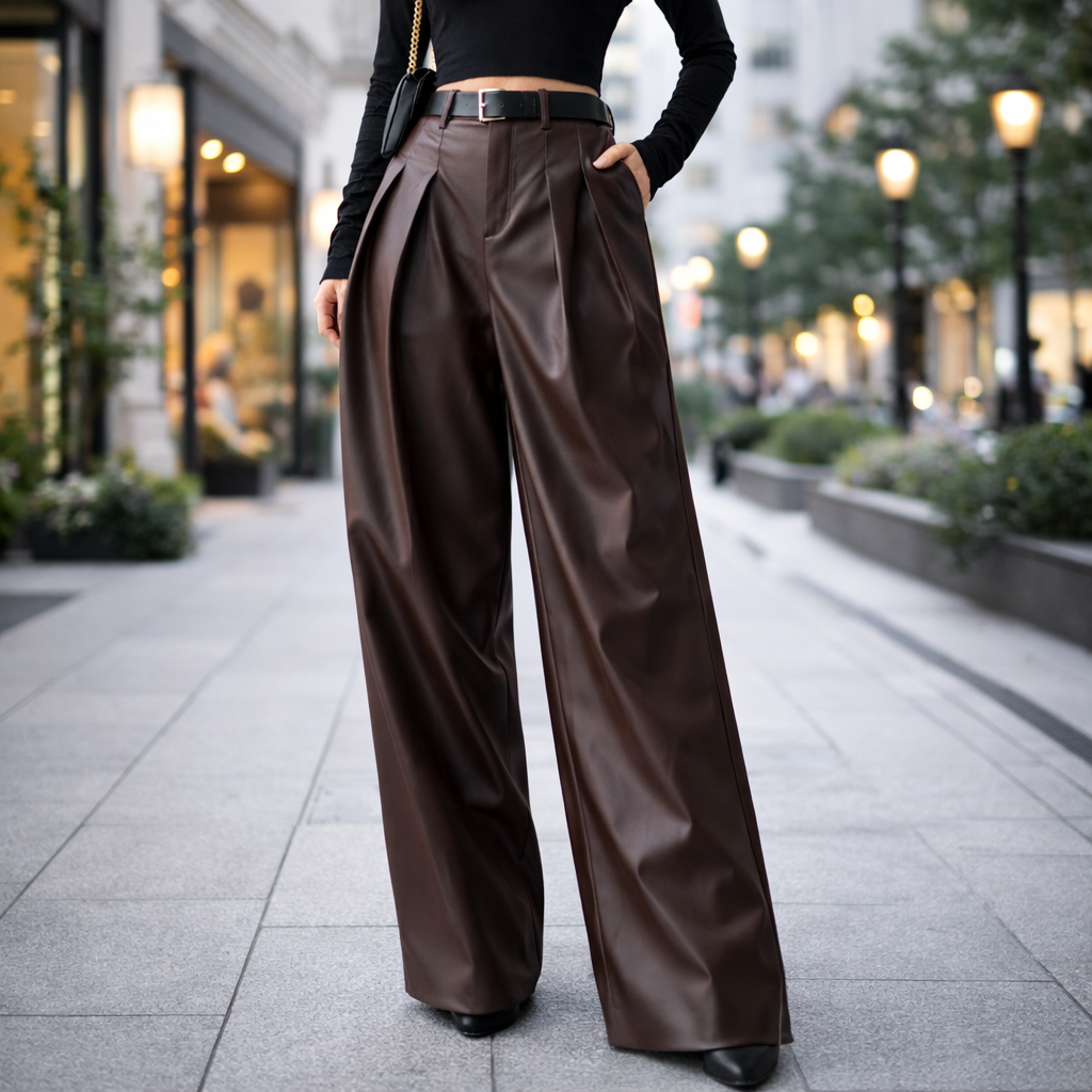 Brown pleated wide-leg leather-look pants styled with a black top outdoors