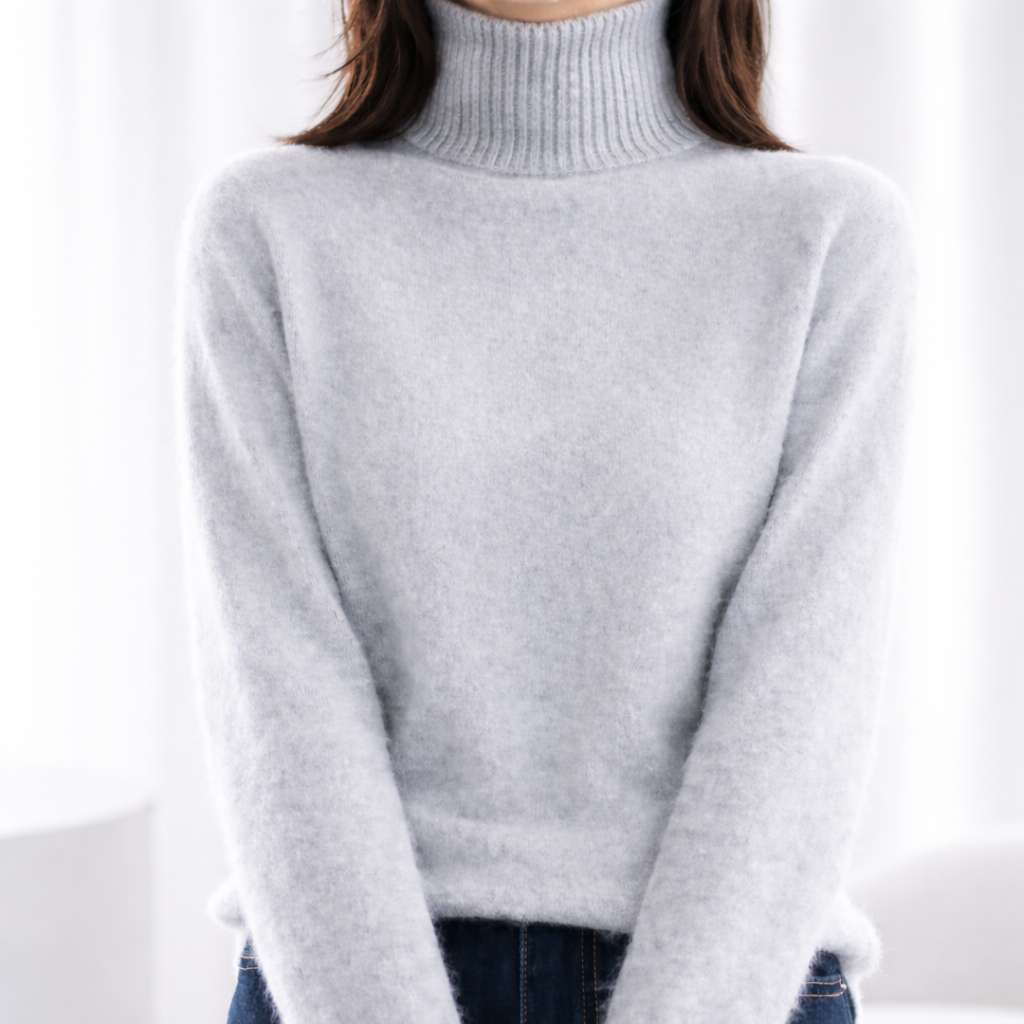 Women's Slim-Fit Turtleneck Sweater with Ribbed Collar in Gray, front view on a model