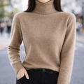 Women's Slim-Fit Turtleneck Sweater with Ribbed Collar in Camel, worn outdoors