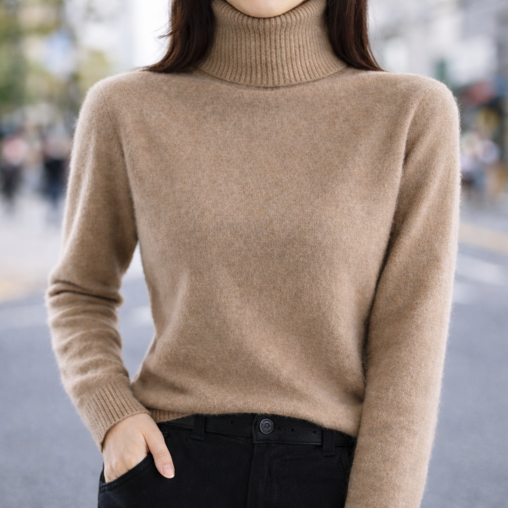 Women's Slim-Fit Turtleneck Sweater with Ribbed Collar in Camel, worn outdoors