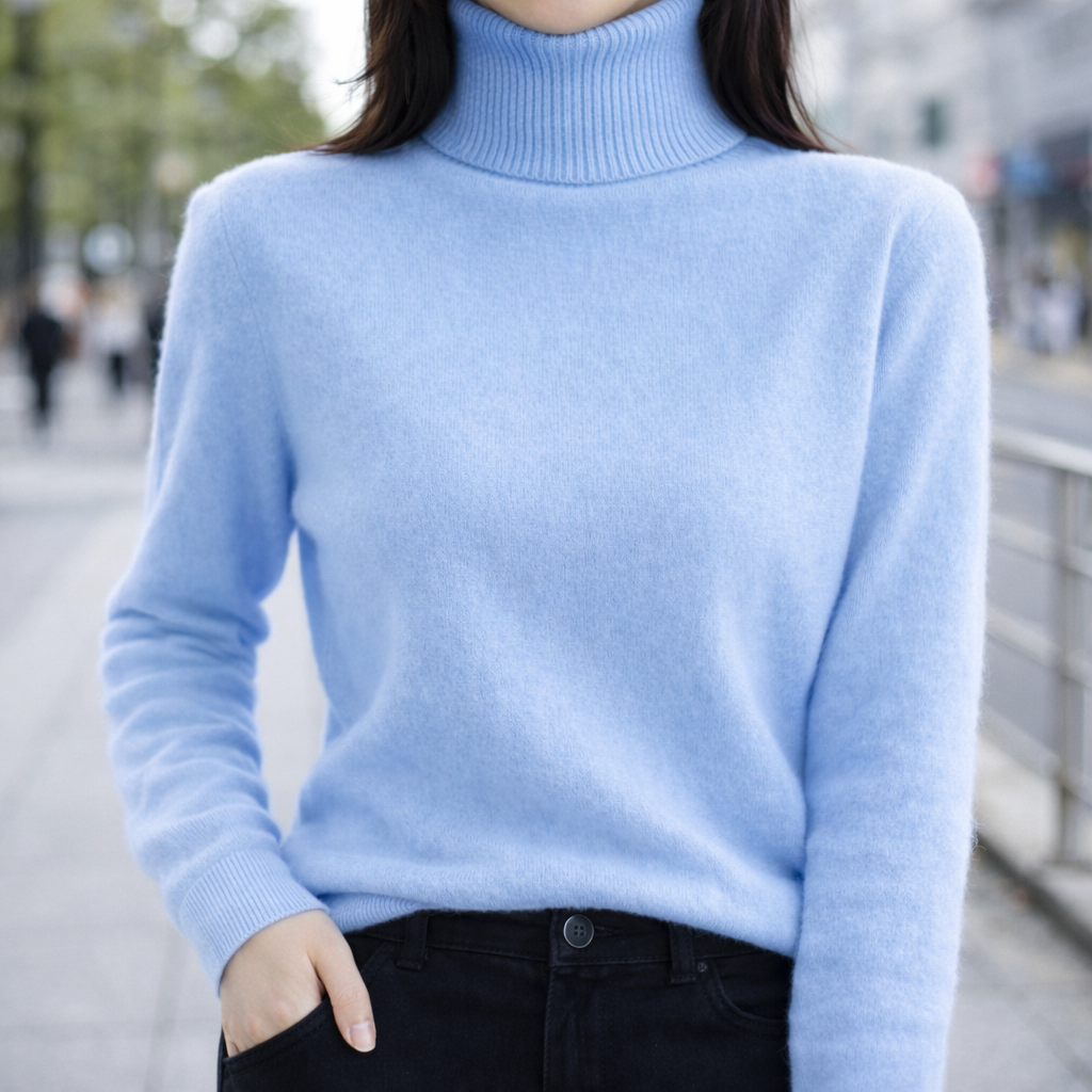 Women's Slim-Fit Turtleneck Sweater with Ribbed Collar in Blue, worn outdoors