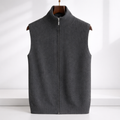 Men's ribbed knit full-zip sweater vest in gray with stand collar on a hanger