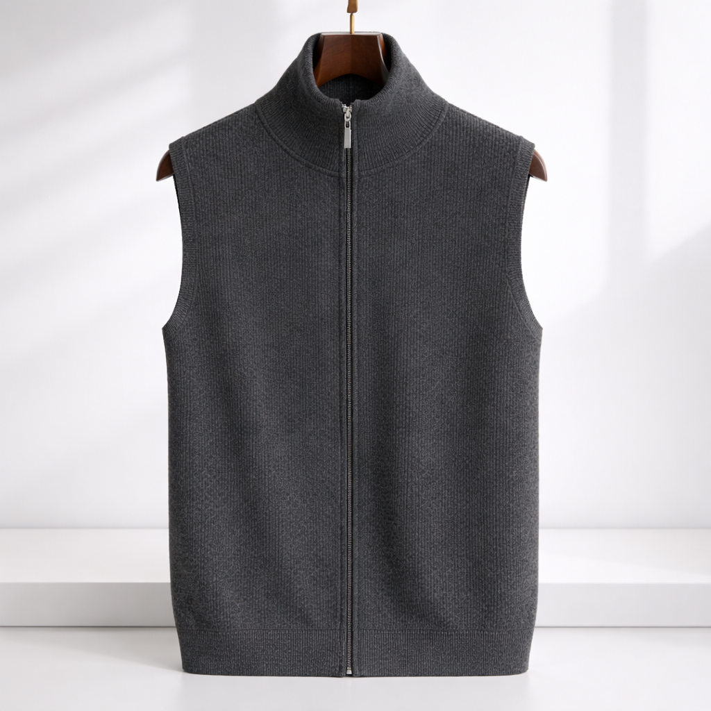 Men's ribbed knit full-zip sweater vest in gray with stand collar on a hanger