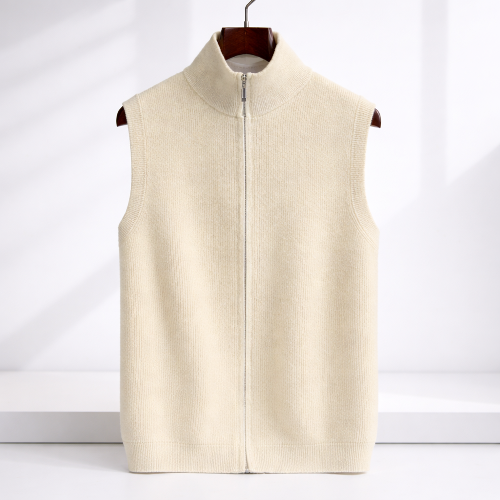 Men's ribbed knit full-zip sweater vest in beige with stand collar on a hanger