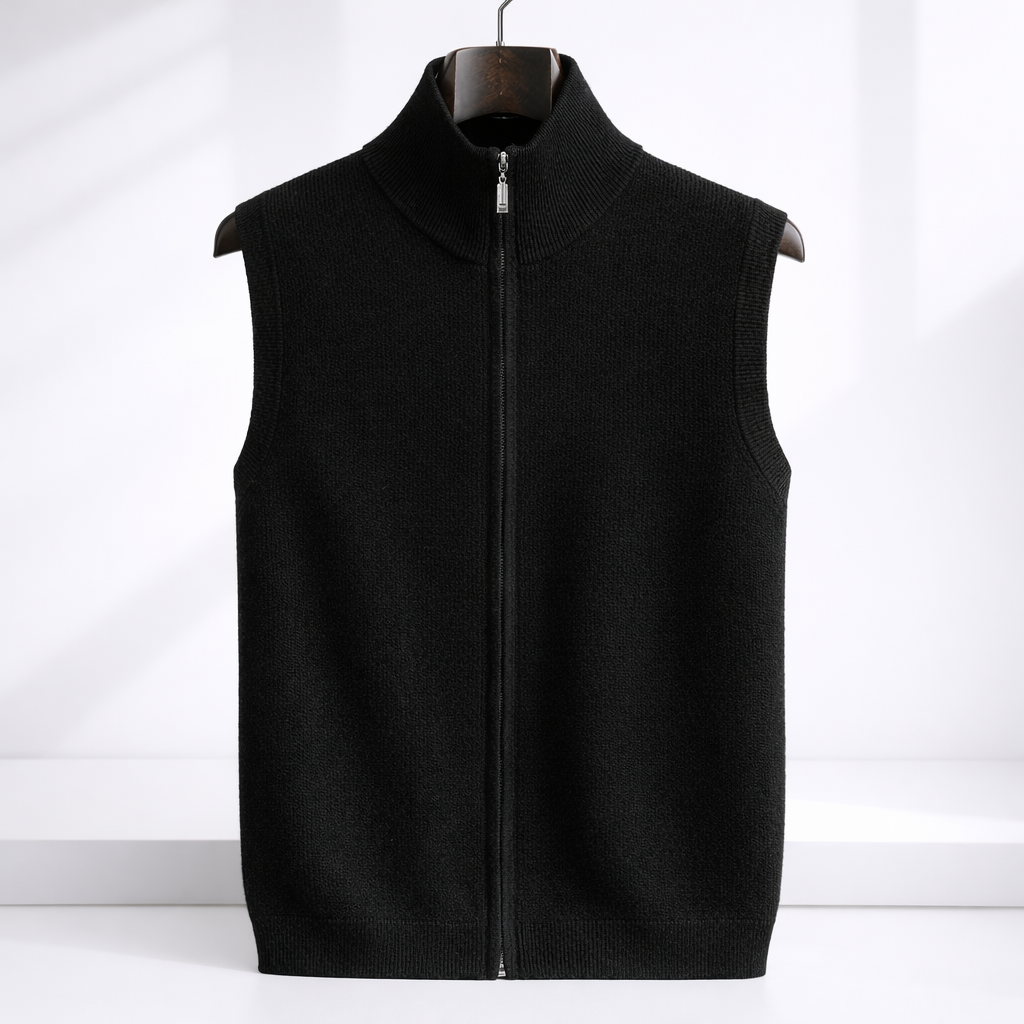 Men's ribbed knit full-zip sweater vest in black with stand collar on a hanger
