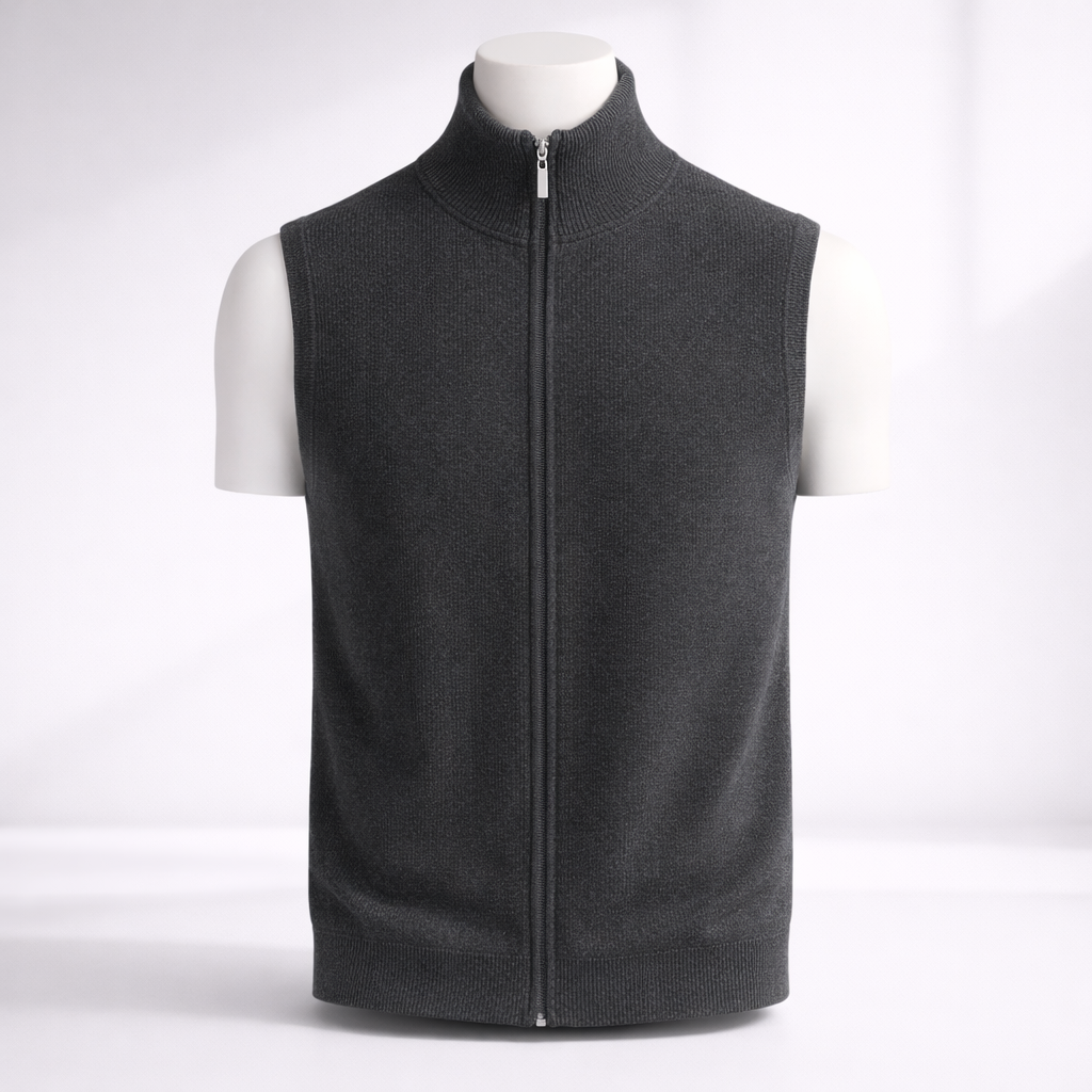 Men's gray ribbed knit full-zip sweater vest with stand collar on a mannequin