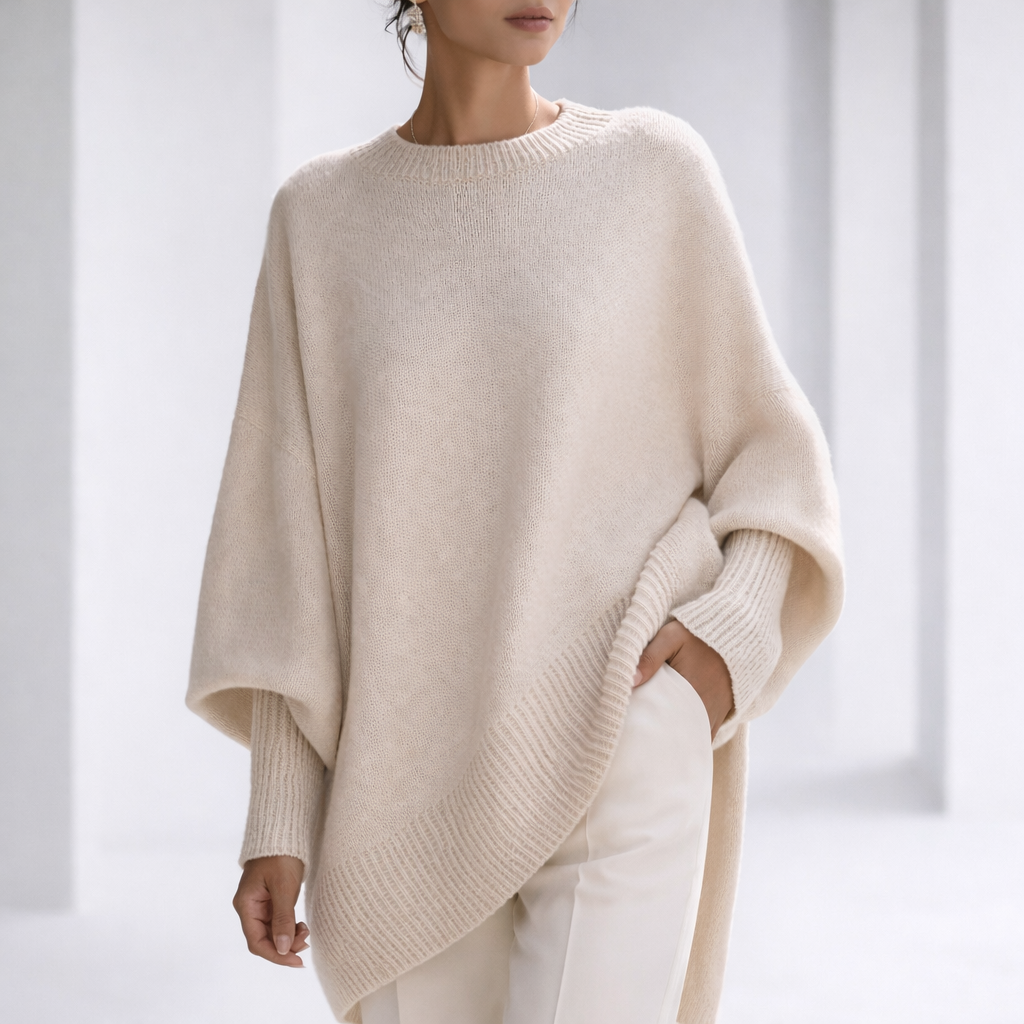 Women's Oversized Crewneck Sweater with Ribbed Cuffs and Hem in Beige, worn in a bright studio
