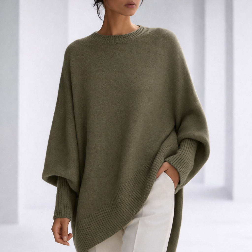 Women's Oversized Crewneck Sweater with Ribbed Cuffs and Hem in Green, worn in a bright studio