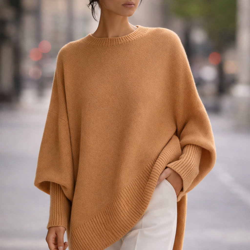 Women's Oversized Crewneck Sweater with Ribbed Cuffs and Hem in Camel, worn outdoors on a city street