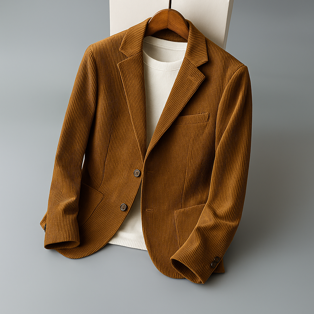 Men's tan brown corduroy blazer with notch lapels over a white t-shirt