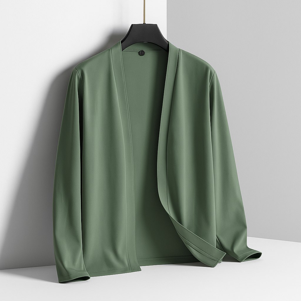 Men's Lightweight Open-Front Cardigan with Long Sleeves in Green, front view on a hanger