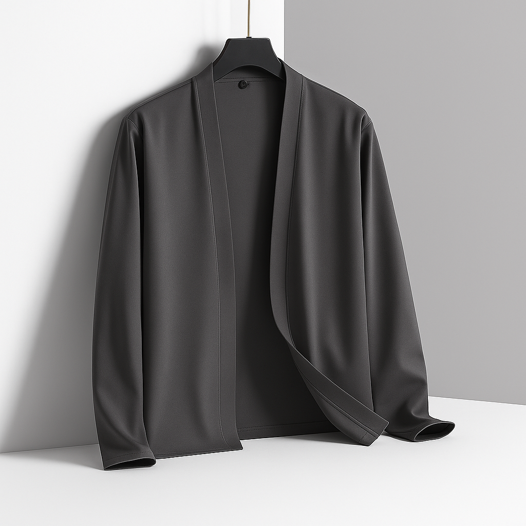 Men's Lightweight Open-Front Cardigan with Long Sleeves in Gray, front view on a hanger